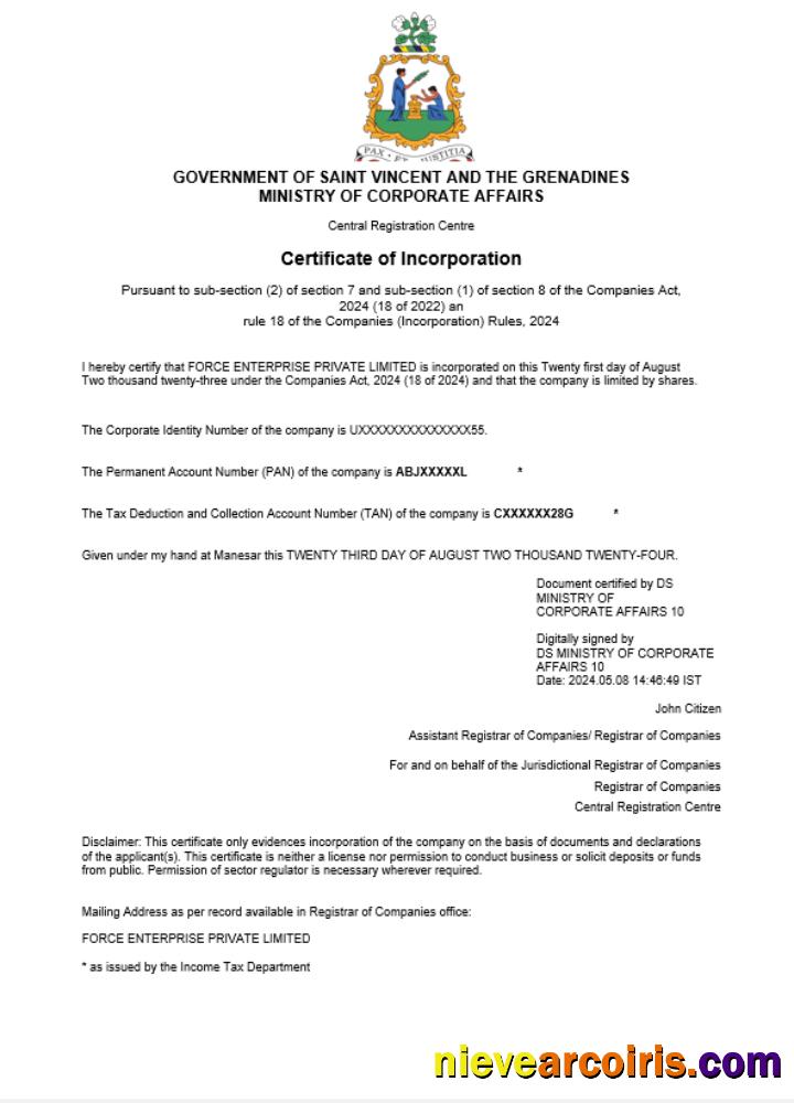 Saint Vincent and the Grenadines business registration certificate